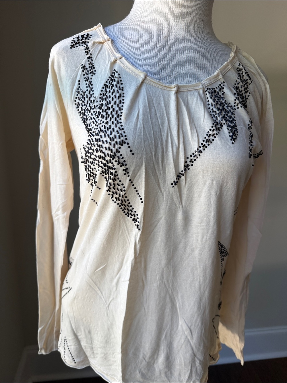 Anama Cream Long Sleeve Top with Black Bead Detail